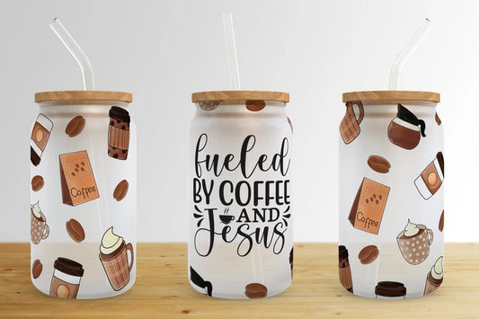 Fueled by Coffee and Jesus Glass can